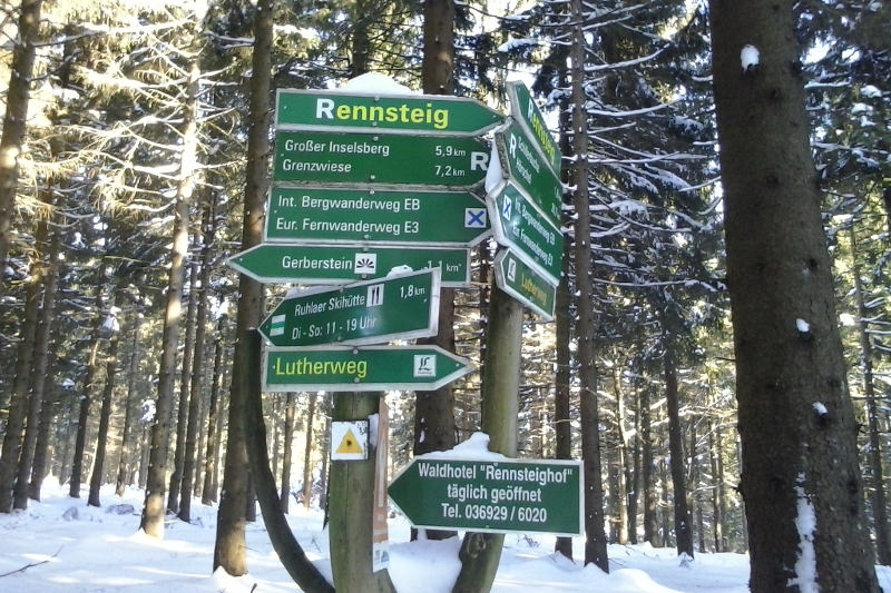 Schilderbaum a uf dem Rennsteig mit Schnee